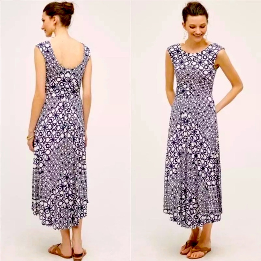 Maeve Anthropologie Mallorca Jersey Knit Dress Size Small Petite Indigo Ivory